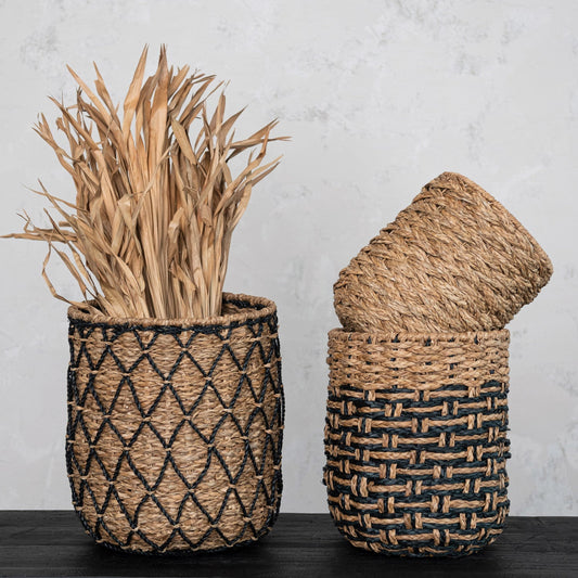 Black & Natural Woven Wicker Baske