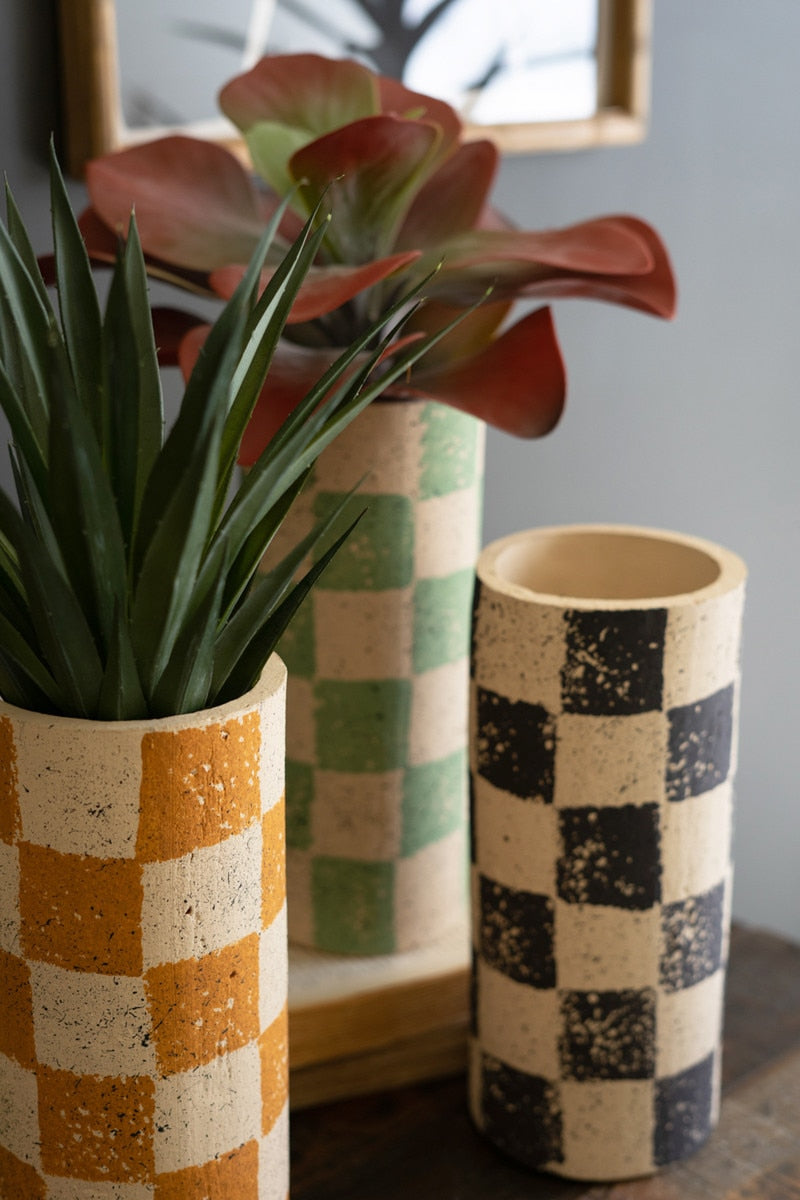 Checkered Clay Cylinder Vase