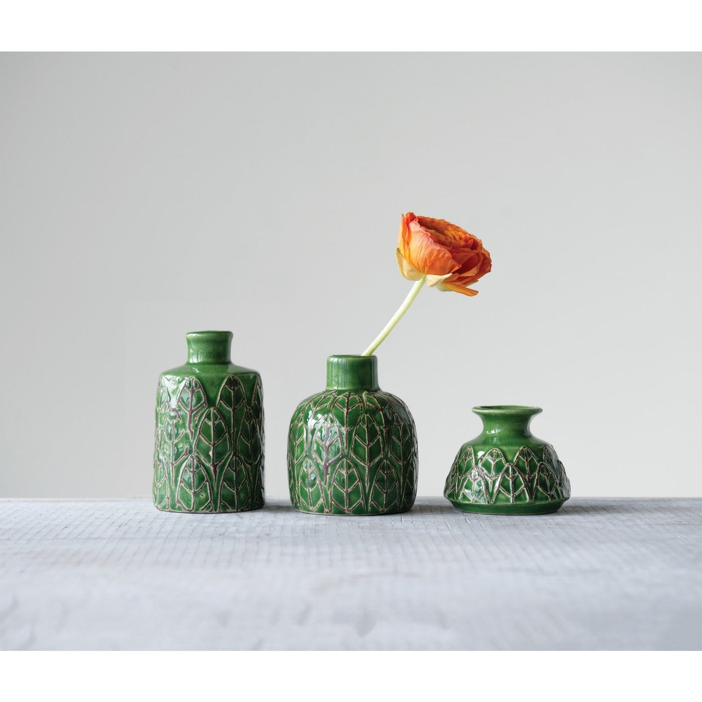 Green Embossed Stoneware Vase