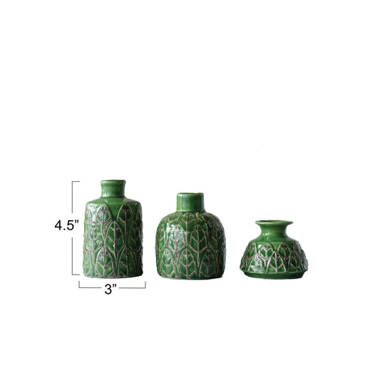 Green Embossed Stoneware Vase