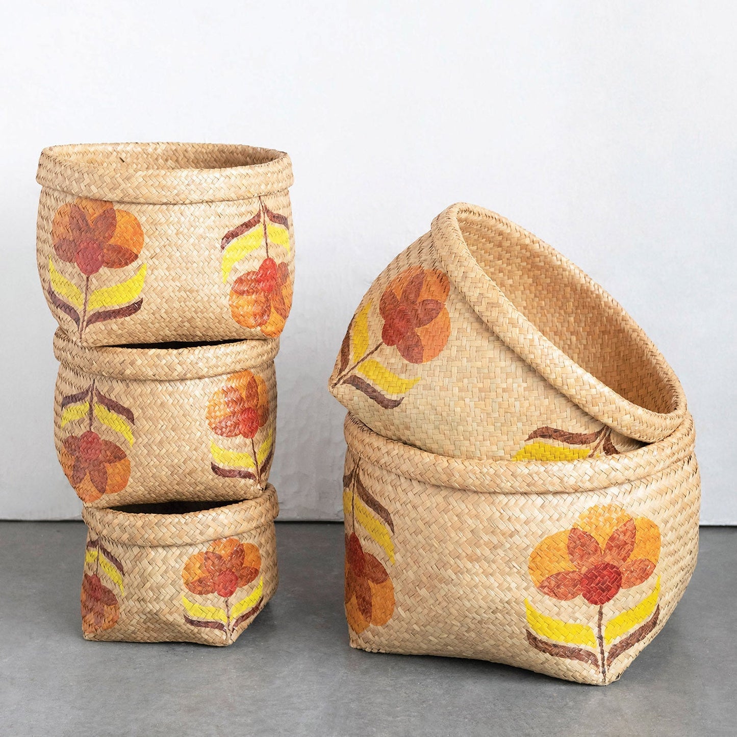 Hand-Woven Seagrass Baskets with Floral Design