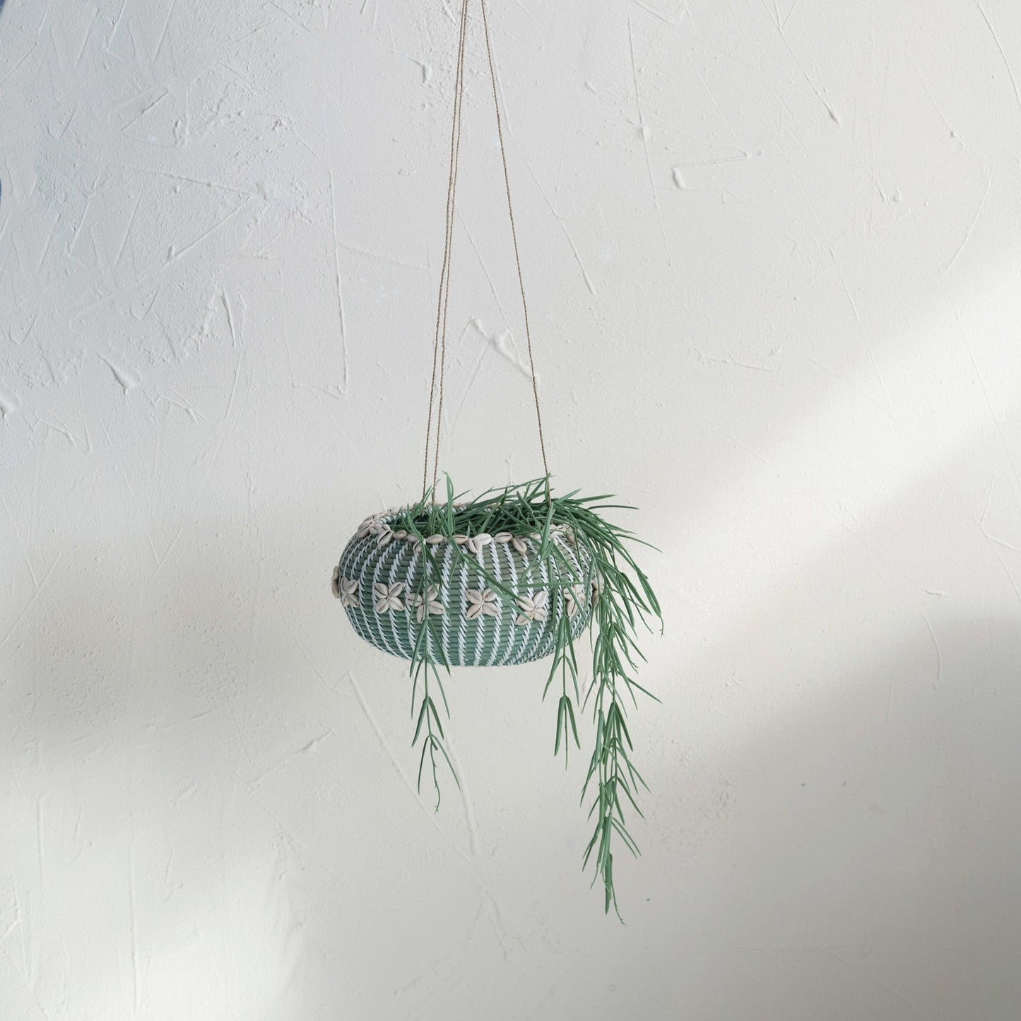 9in Aqua Hanging Hand-Woven Rattan Basket w/ Shells