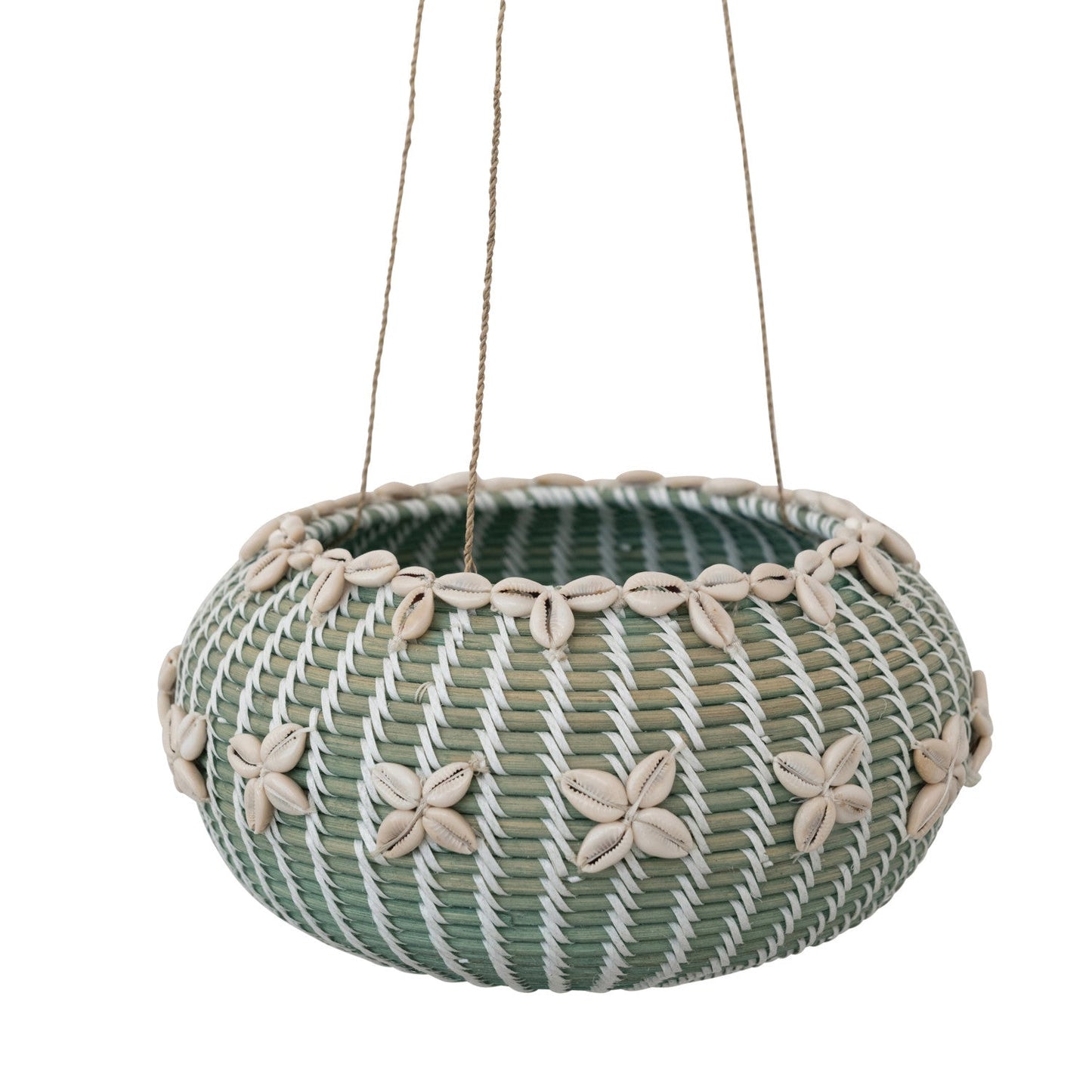 9in Aqua Hanging Hand-Woven Rattan Basket w/ Shells