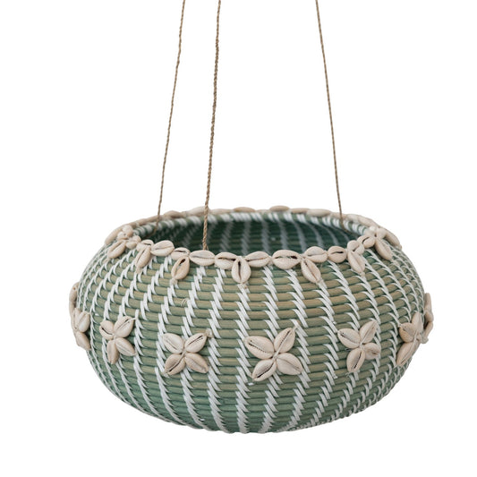 9in Aqua Hanging Hand-Woven Rattan Basket w/ Shells