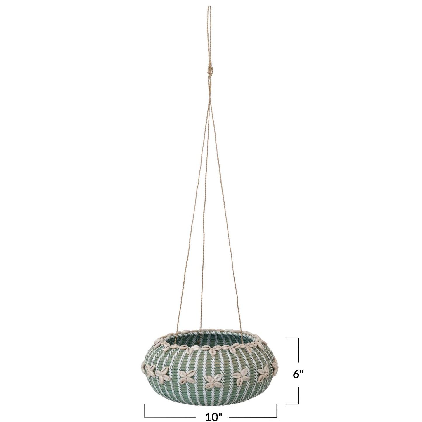 9in Aqua Hanging Hand-Woven Rattan Basket w/ Shells