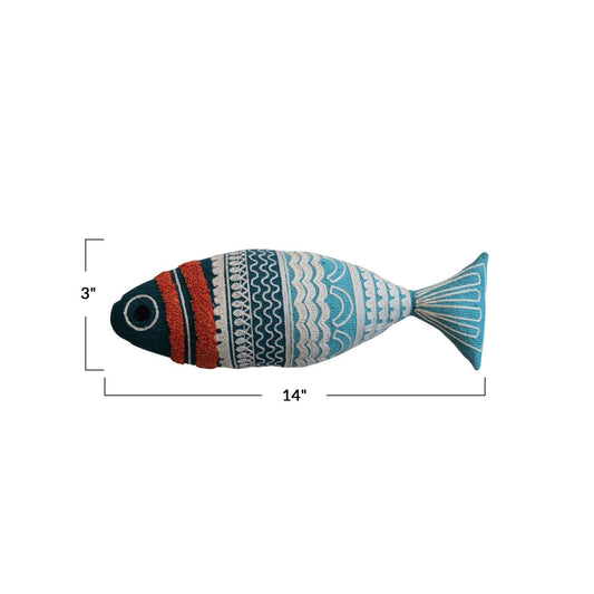 Fish Pillow - 14'L x 3'H Embroidered Cotton