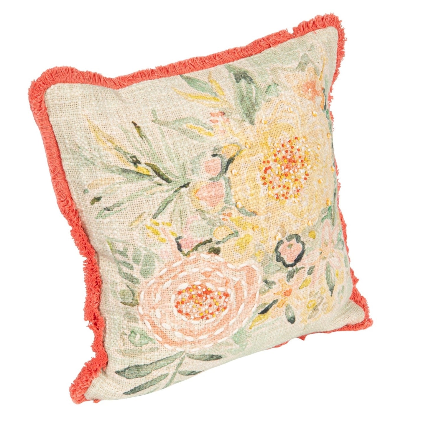 Embroidered Floral Pillow with Eyelash Fringe