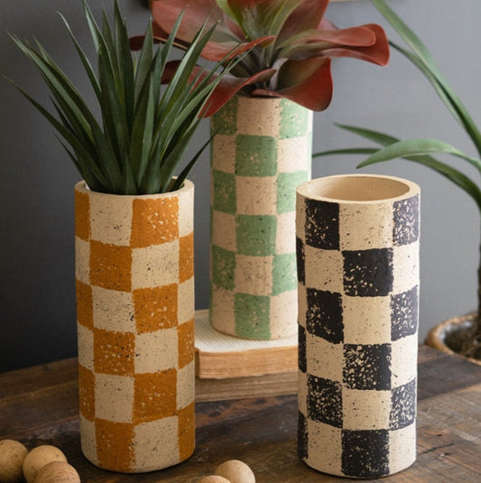 Checkered Clay Cylinder Vase