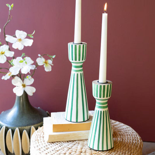 Hand-Painted Wooden Taper Candle Holders-Green