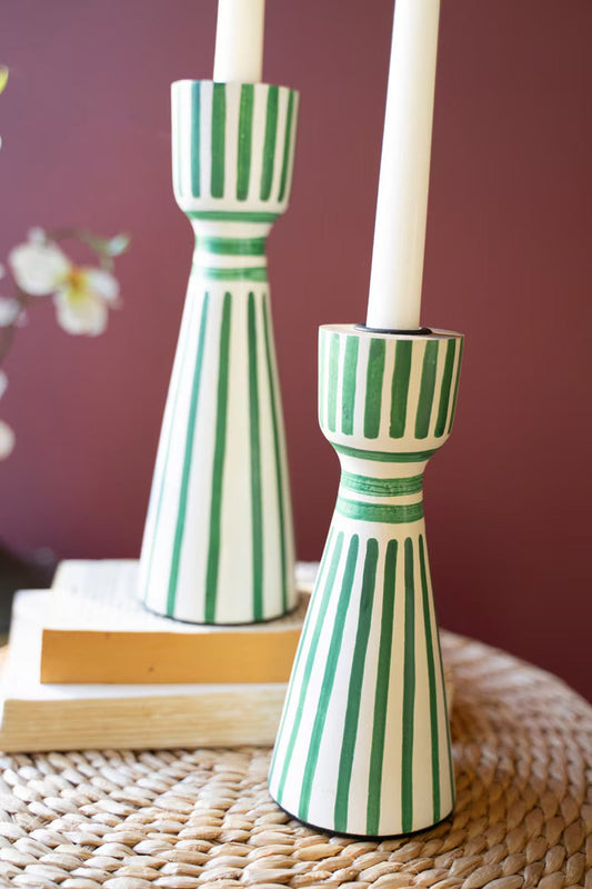 Hand-Painted Wooden Taper Candle Holders-Green