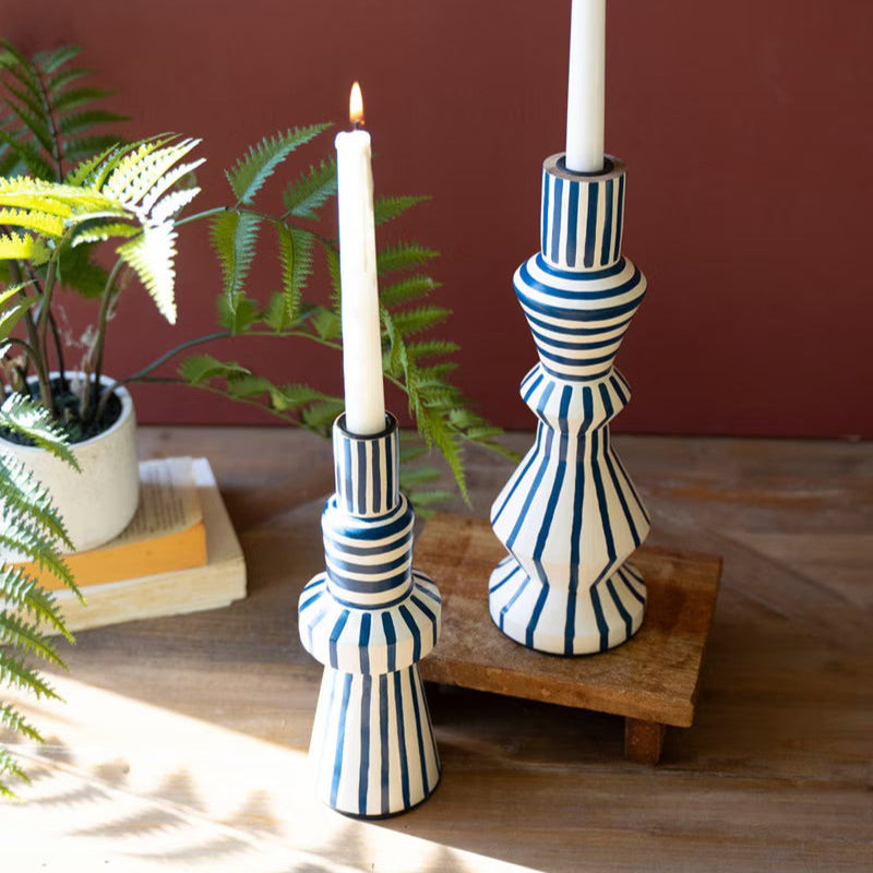 Hand-Painted Wooden Taper Candle Holders-Blue