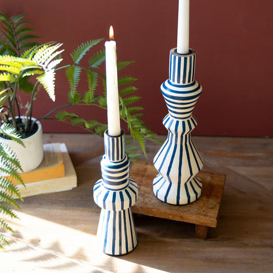 Hand-Painted Wooden Taper Candle Holders-Blue