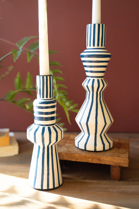 Hand-Painted Wooden Taper Candle Holders-Blue