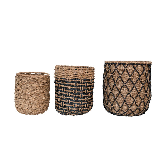 Black & Natural Woven Wicker Baske
