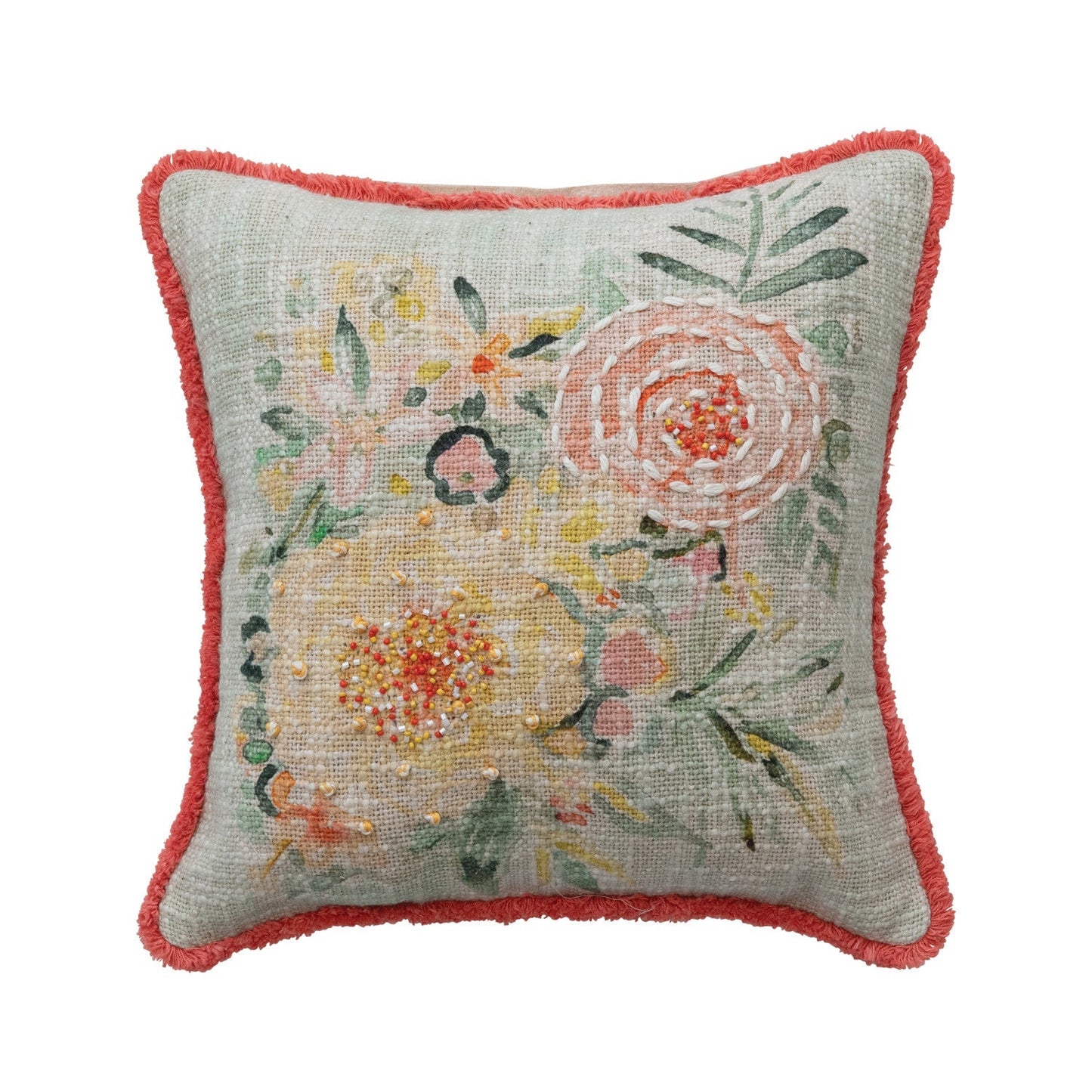 Embroidered Floral Pillow with Eyelash Fringe